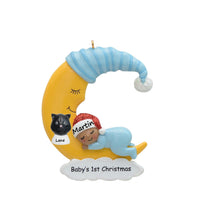 Load image into Gallery viewer, Personalizd Baby's 1st Christmas Gift Ornament Baby Boy Sleep in Moon Dark Skin