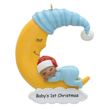 Load image into Gallery viewer, Personalizd Baby's 1st Christmas Gift Ornament Baby Boy Sleep in Moon Dark Skin