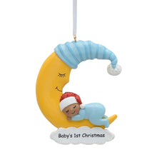 Load image into Gallery viewer, Personalizd Baby's 1st Christmas Gift Ornament Baby Boy Sleep in Moon Dark Skin