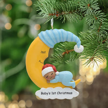 Load image into Gallery viewer, Personalizd Baby's 1st Christmas Gift Ornament Baby Boy Sleep in Moon Dark Skin