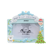 Load image into Gallery viewer, Personalized Ornament Baby's 1st Christmas Photo Frame Blue