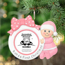 Load image into Gallery viewer, Baby's First Christmas Gift Bow Photo Frame Personalized Ornament