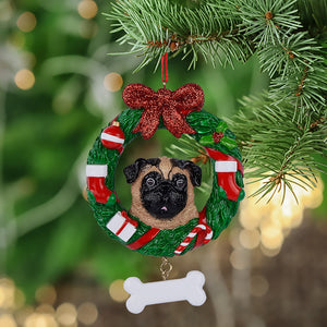 Personalized Christmas Pet Ornament Pug Wreath