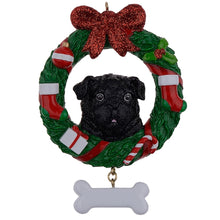 Load image into Gallery viewer, Personalized Christmas Pet Ornament Black Pug Wreath

