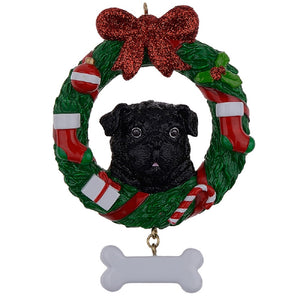 Personalized Christmas Pet Ornament Black Pug Wreath