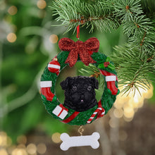 Load image into Gallery viewer, Personalized Christmas Pet Ornament Black Pug Wreath
