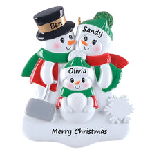 Load image into Gallery viewer, Personalized Christmas Ornament Shovel Snowman Family 3
