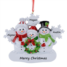 Load image into Gallery viewer, Personalized Christmas Ornament Snowman Family with Snowflake Family 3
