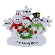 Load image into Gallery viewer, Personalized Christmas Ornament Snowman Family with Snowflake Family 3
