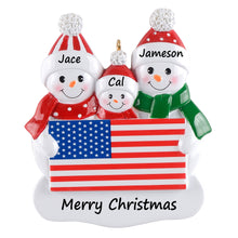 Load image into Gallery viewer, Personalized Christmas Ornament Patriotic Snowman Family 3

