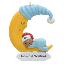 Load image into Gallery viewer, Personalizd Baby&#39;s 1st Christmas Gift Ornament Baby Boy Sleep in Moon Dark Skin
