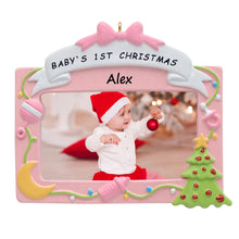 Load image into Gallery viewer, Personalized Ornament Baby&#39;s 1st Christmas Photo Frame Pink
