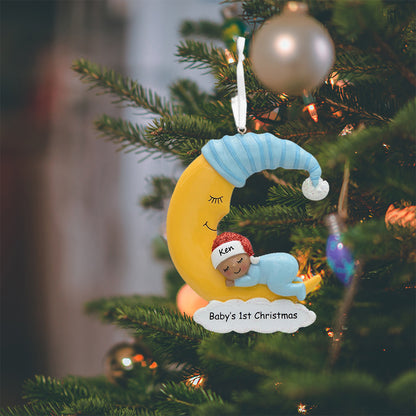 Personalized African American Baby Boy Moon Baby's 1st Christmas Ornament