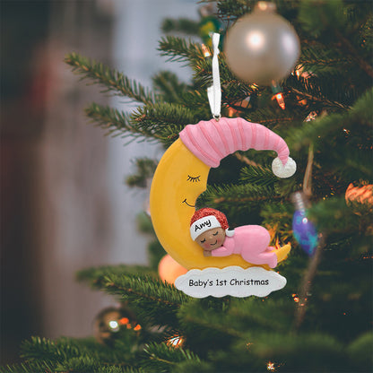 Personalized African American Baby Girl Moon Baby's 1st Christmas Ornament