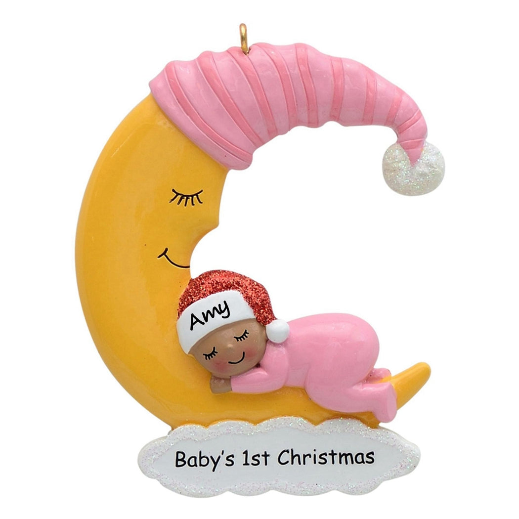Personalized African American Baby Girl Moon Baby's 1st Christmas Ornament
