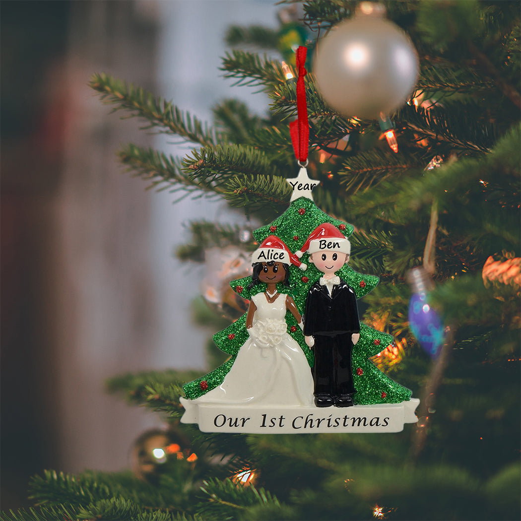 Personalized African American Bride and Groom Our First Christmas Couple Ornament