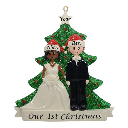 Personalized African American Bride and Groom Our First Christmas Couple Ornament
