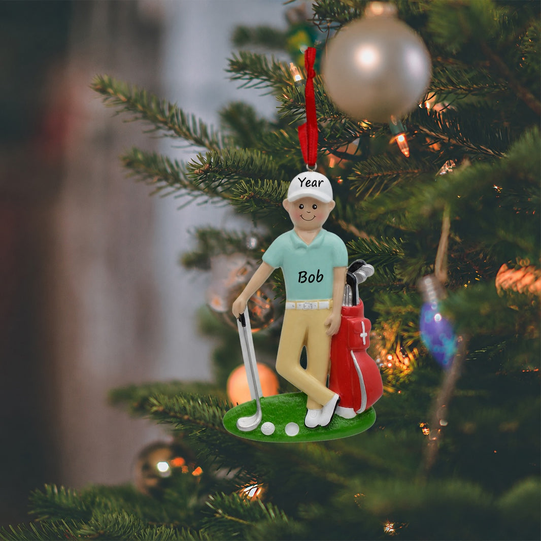 Personalized African American Golf Boy with Red Golf Bag Ornament