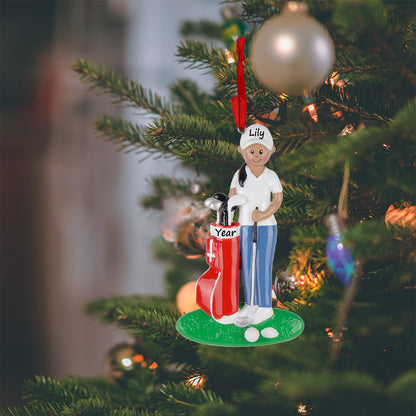 Personalized African American Golf Girl with Red Golf Bag Ornament