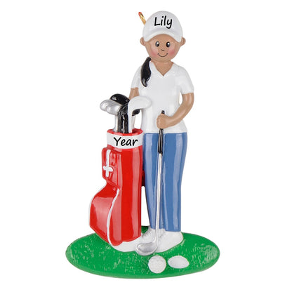 Personalized African American Golf Girl with Red Golf Bag Ornament