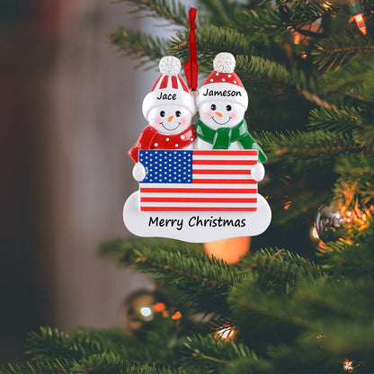 Personalized American Flag Snowman Family of 2 Christmas Ornament