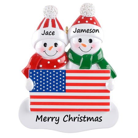 Personalized American Flag Snowman Family of 2 Christmas Ornament