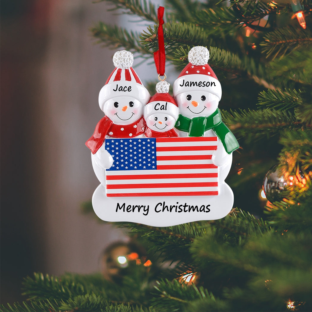 Personalized American Flag Snowman Family of 3 Christmas Ornament