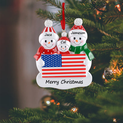 Personalized American Flag Snowman Family of 3 Christmas Ornament