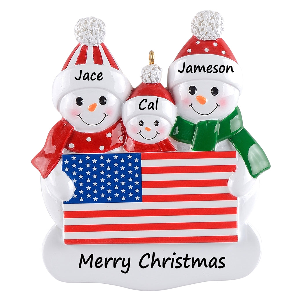 Personalized American Flag Snowman Family of 3 Christmas Ornament