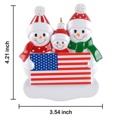 Personalized American Flag Snowman Family of 3 Christmas Ornament