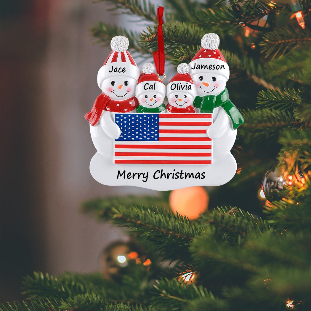 Personalized American Flag Snowman Family of 4 Christmas Ornament