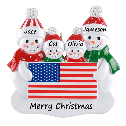 Personalized American Flag Snowman Family of 4 Christmas Ornament