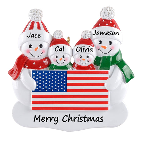 Personalized American Flag Snowman Family of 4 Christmas Ornament