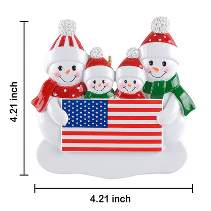 Personalized American Flag Snowman Family of 4 Christmas Ornament