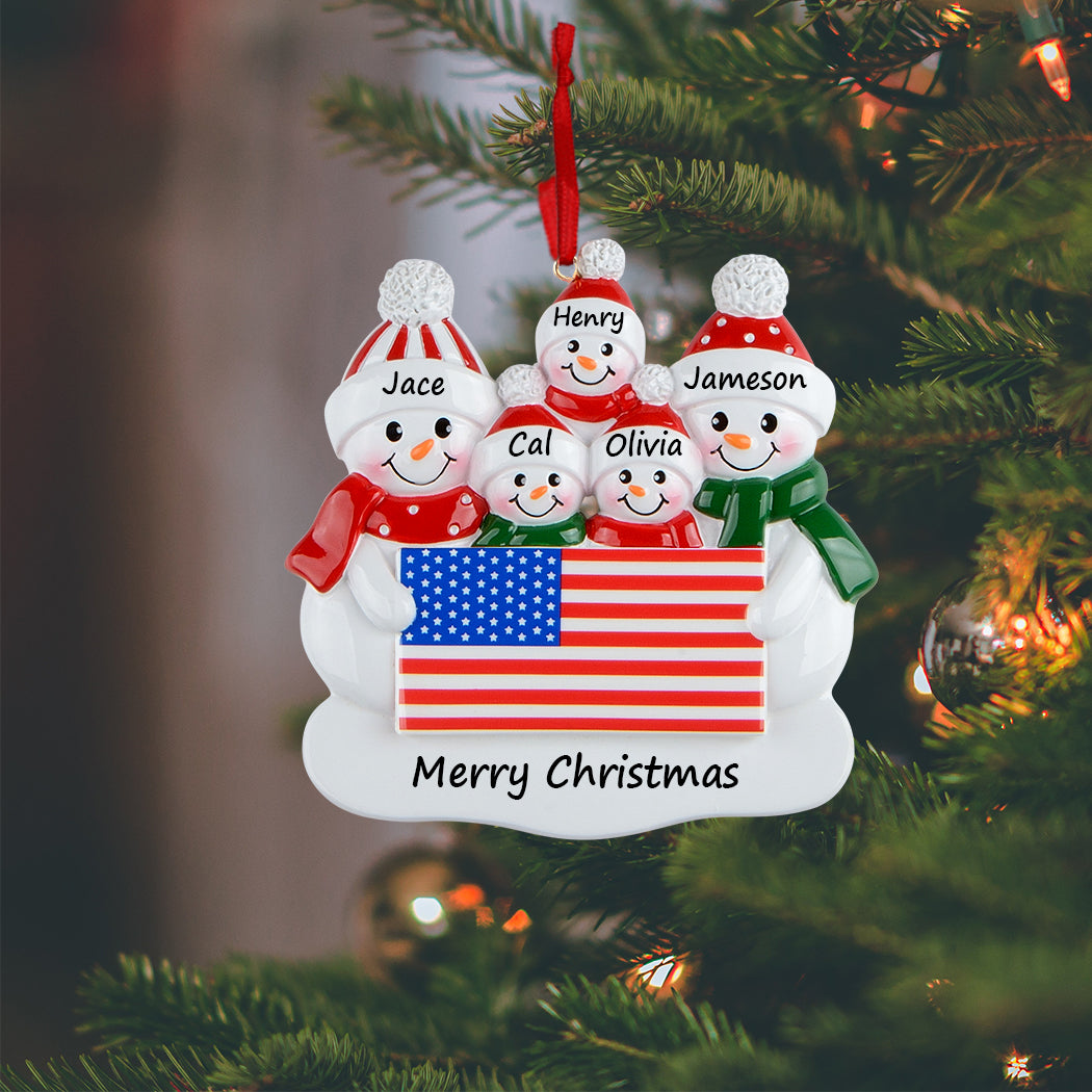 Personalized American Flag Snowman Family of 5 Christmas Ornament