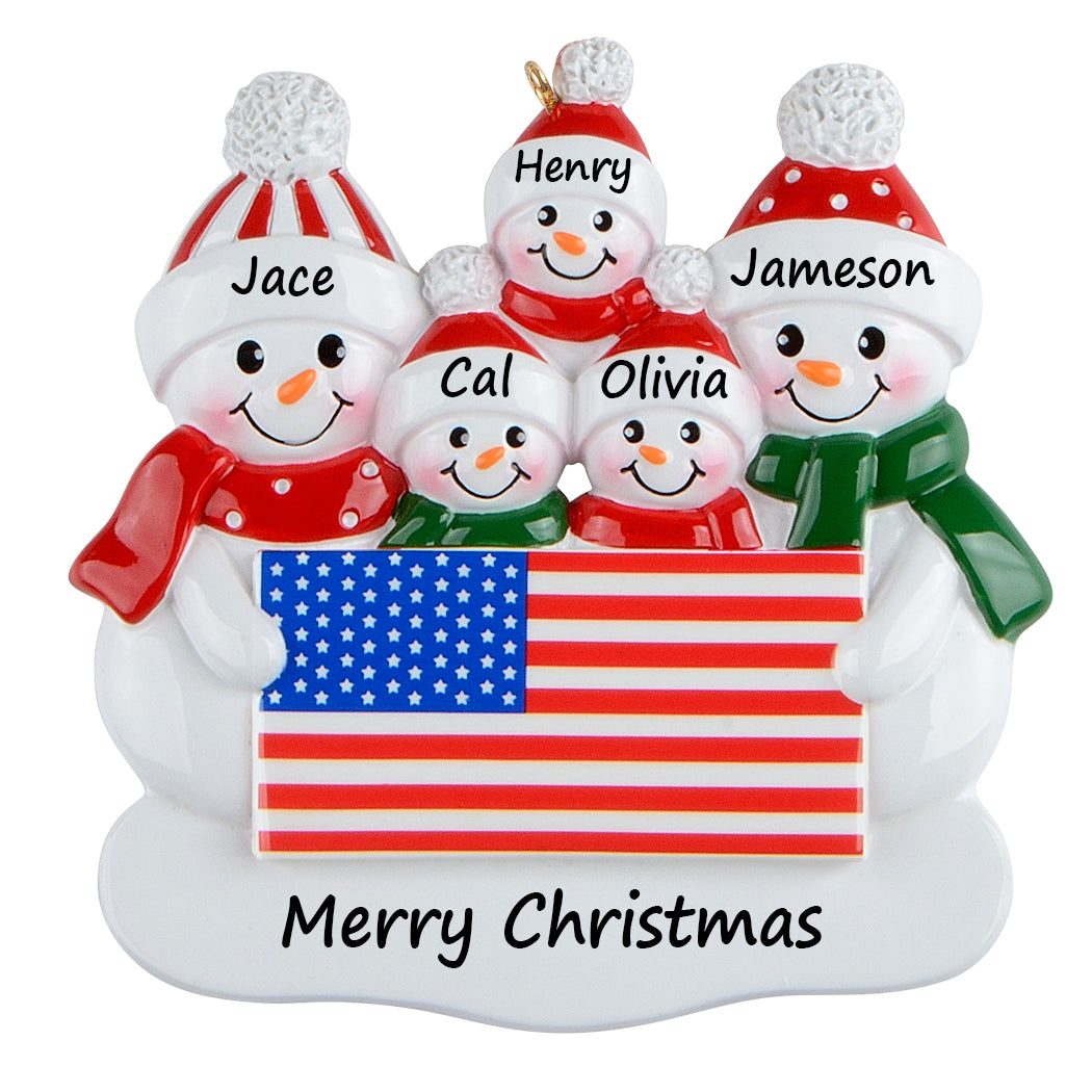 Personalized American Flag Snowman Family of 5 Christmas Ornament