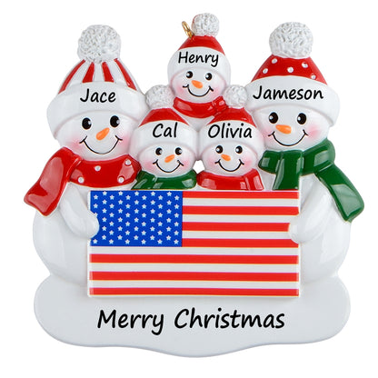 Personalized American Flag Snowman Family of 5 Christmas Ornament