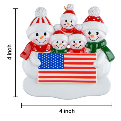 Personalized American Flag Snowman Family of 5 Christmas Ornament