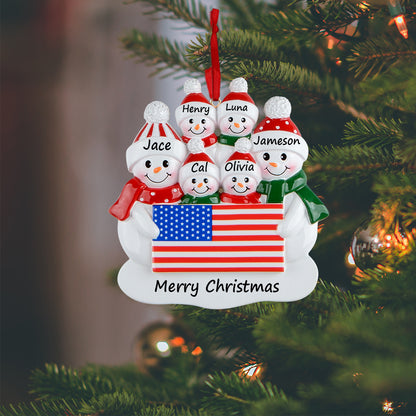 Personalized American Flag Snowman Family of 6 Christmas Ornament