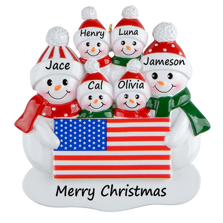 Personalized American Flag Snowman Family of 6 Christmas Ornament