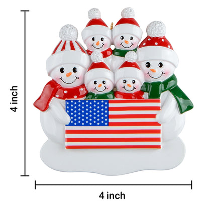Personalized American Flag Snowman Family of 6 Christmas Ornament