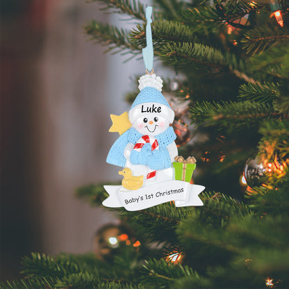 Personalized Baby’s 1st Christmas Blue Snowman Baby Boy Ornament