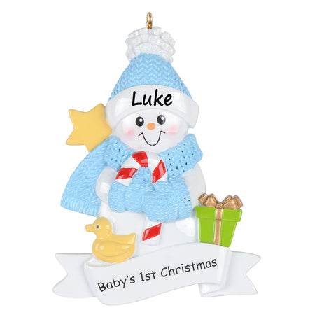 Personalized Baby’s 1st Christmas Blue Snowman Baby Boy Ornament
