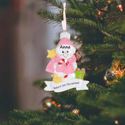 Personalized Baby’s 1st Christmas Pink Snowman Baby Boy Ornament