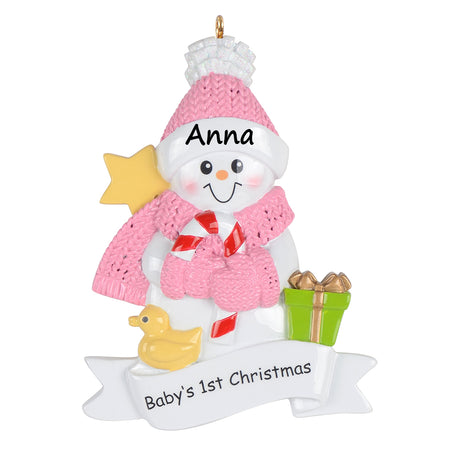 Personalized Baby’s 1st Christmas Pink Snowman Baby Boy Ornament