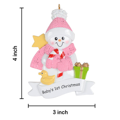 Personalized Baby’s 1st Christmas Pink Snowman Baby Boy Ornament