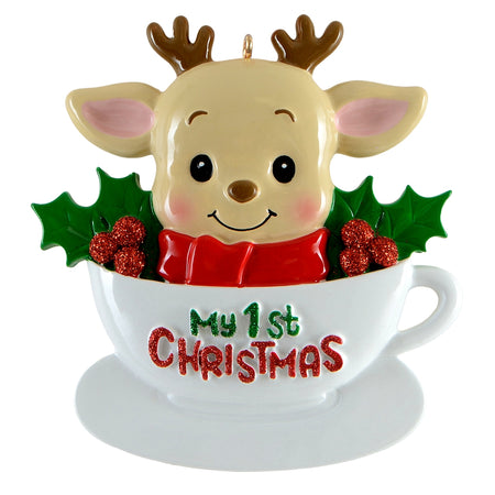 Baby First Christmas Ornament Reindeer In Mug Tree Personalized Ornament