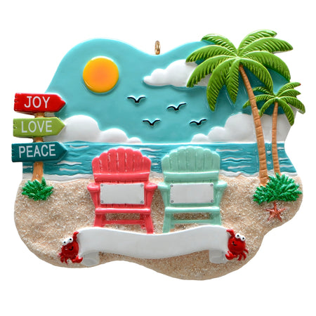 Personalized Family of 2 Ornament | Adirondack Chairs on Ocean Beach