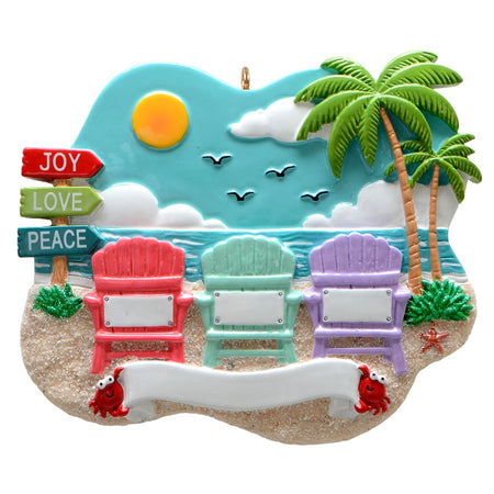 Personalized Family of 3 Ornament | Adirondack Chairs on Ocean Beach