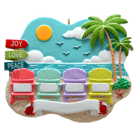 Personalized Family of 4 Ornament | Adirondack Chairs on Ocean Beach